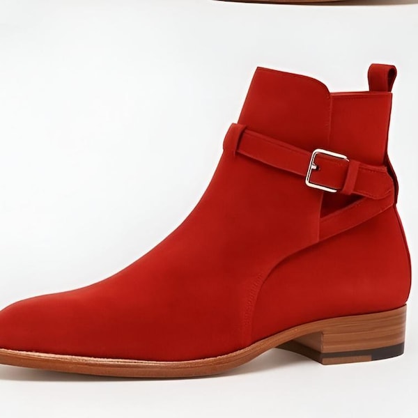 Stivali Jodhpur in pelle scamosciata fatti a mano: stivaletti alla caviglia in pelle rossa, stile classico da uomo, regalo personalizzato per uomo