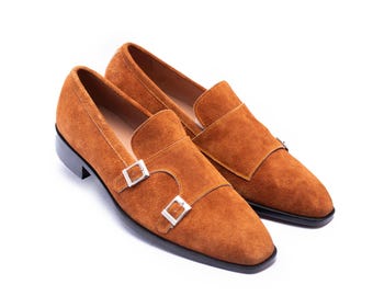 Handmade Brown Suede Leather Monk Strap Dress Shoes For Men Personalised Gift