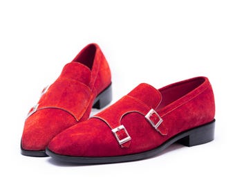 Handmade Red Suede Leather Monk Strap Dress Shoes For Men Personalised Gift