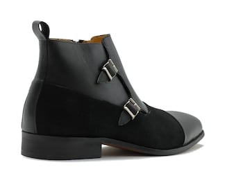 Handmade Leather Double Monk Strap Ankle Boots: Cap Toe Chelsea Boots