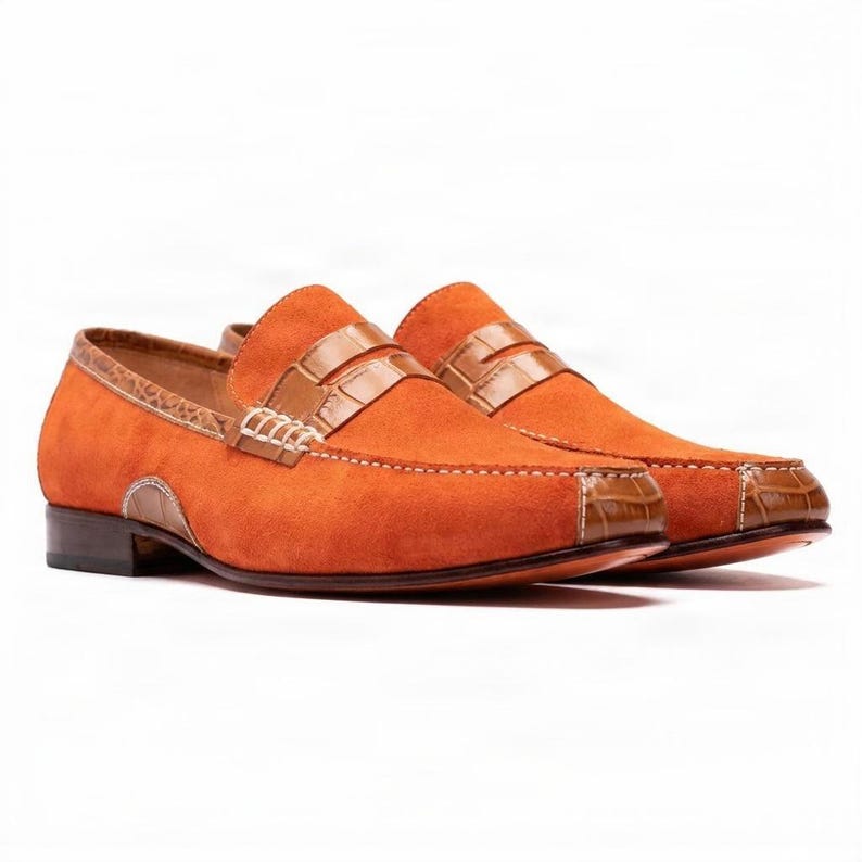 Handmade Orange Suede Loafers: Men's Leather Moccasin Dress Shoes image 1