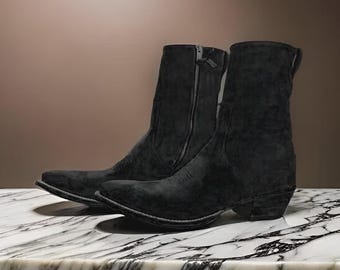 Handmade Black Suede Cowboy Boots: Cap Toe Leather Boots, Personalized Gift