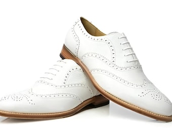 Handmade White Leather Wingtip Oxford Shoes: Men's Dress Shoes