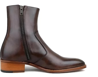 Handmade Brown Genuine Leather Ankle Leather Office Zipper Dress Boots For Men Personalised Gift, Gift For Him