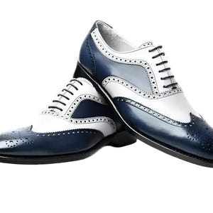 Handmade Blue & White Oxford Borgue Wingtip Lace Up Leather Dress Office Shoes, Oxford Shoes, Office Shoes, Dress Shoes, Gift For him