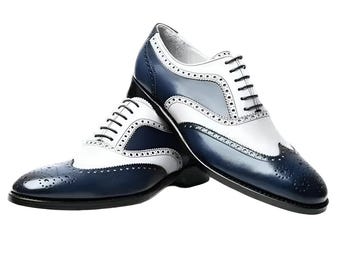 Handmade Blue & White Leather Wingtip Oxford Shoes   Borgue Dress Shoes For Men Personalised Gift