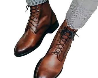 Handmade Brown Leather Derby Boots: High Ankle Cap Toe Dress Footwear