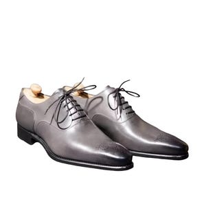 Handmade Grey Genuine Leather Brogue Oxford Lace Dress Office Shoes For Men Personalised Gift