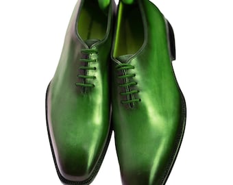 Handmade Green Leather Oxford Dress Shoes   Lace Up Office Shoes For Men Personalised Gift