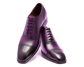 Handmade Purple Leather Cap Toe Oxford Dress Shoes For Men Personalised Gift
