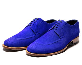 Handmade Blue Suede Leather Derby Shoes: Men's Formal Office Dress Footwear