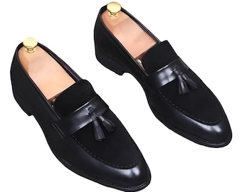 Handmade Black Leather & Suede Tasseled Slip On Office Dress Loafers Shoes For Men Personalised Gift, Christmas Gift