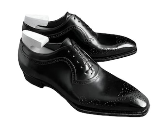 Handmade Black Leather Brogue Oxford Shoes, Goodyear Welted
