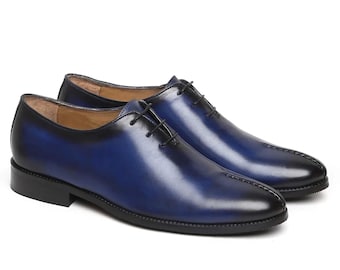 Handmade Blue Leather Oxford Dress Shoes for Men, Goodyear Welted Footwear