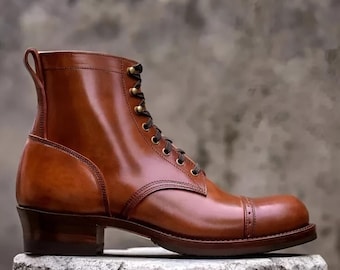 Handmade Leather Cap Toe Boots, Tan Formal Dress Boots, Goodyear Welted