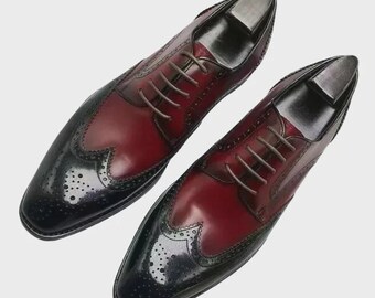 Handgemaakte leren brogue-oxfordschoenen: geklede vleugelschoenen, gepersonaliseerd cadeau