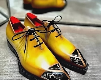 Handmade Yellow Leather Brogue Oxford Shoes: Formal Dress Shoes For Men Personalised Gift