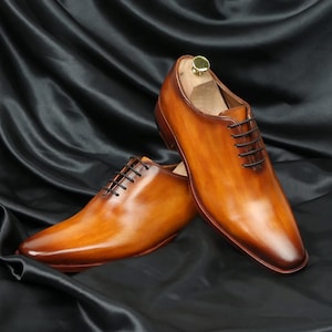 Handmade Tan Leather Oxford Dress Shoes, Personalized Gift For Men
