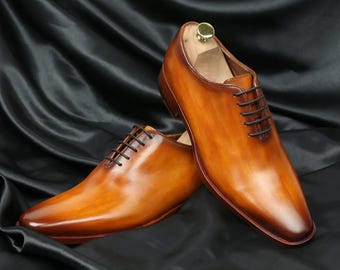Handmade Tan Leather Oxford Dress Shoes, Personalized Gift For Men