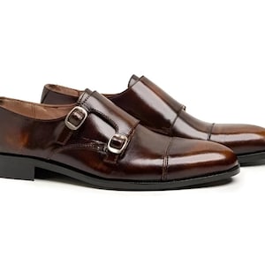 Handmade Dark Brown Suede & Leather Monk Strap Shoes: Borgue Tip Office Dress Shoes