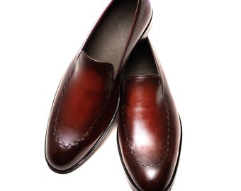 Handmade Maroon Leather Slip On Dress Shoes For Men, Goodyear Welted Footwear