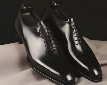 Handmade Black Leather Oxford Dress Shoes: Goodyear Welted Whole Cut Men's Footwear
