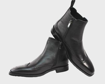 Handmade Black Leather Wingtip Brogue Ankle Boots, Zipper Formal Shoes For Men