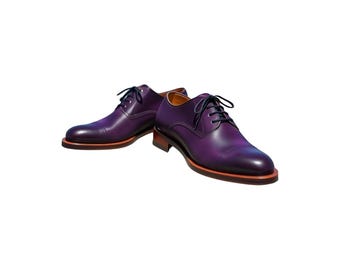 Handmade Purple Leather Derby Oxford Shoes: Formal Wedding Dress Shoes For Men Personalised Gift