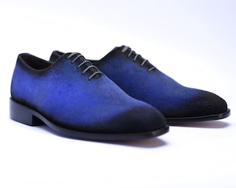 Handmade Blue Suede Leather Oxford Dress Shoes for Men, Goodyear Welted Construction