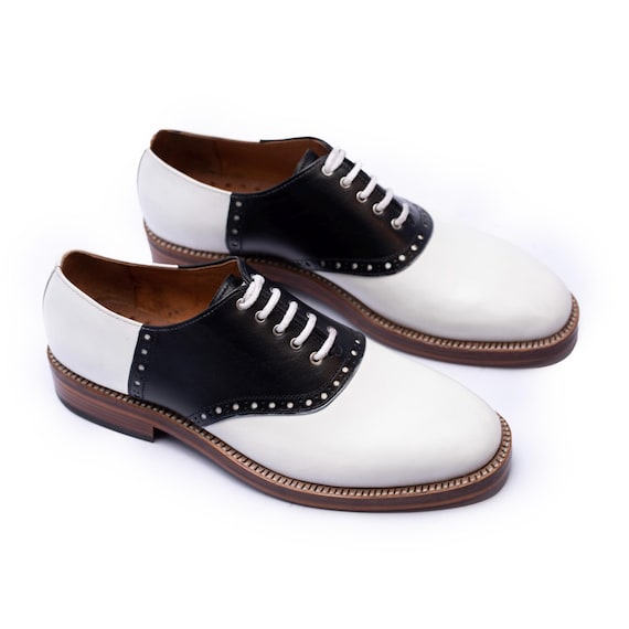 Handmade Leather Oxford Saddle Shoes: Black White Goodyear Welted Men's Footwear
