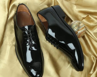 Handmade Patent Leather Oxford Dress Shoes – Black Lace Up Brogues