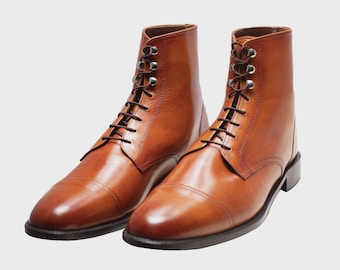 Handmade Leather Cap Toe Boots: High Ankle Lace Up Tan/Brown For Men
