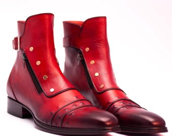 Handmade Red Leather Ankle Boots: Men's Cap Toe Dress Boots