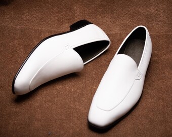 Handmade White Leather Formal Loafers for Men, Wedding Shoes