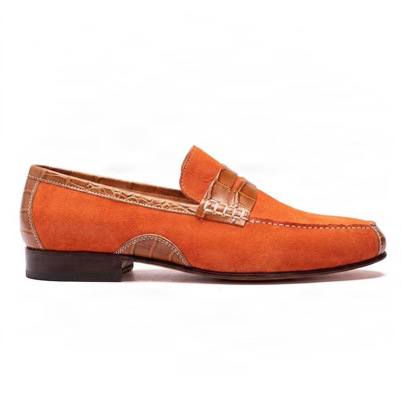 Handmade Orange Suede Loafers: Men's Leather Moccasin Dress Shoes image 2