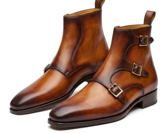 Handmade Leather Monk Strap Boots: High Ankle Cap Toe, Formal Office