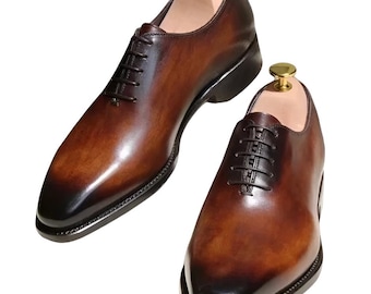 Handmade Tan Leather Oxford Dress Shoes: Whole Cut Lace Up, Men's Gift