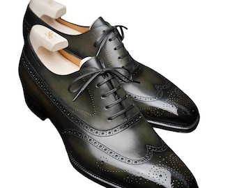 Handmade Dark Green Leather Wingtip Brogue Oxford Dress Shoes