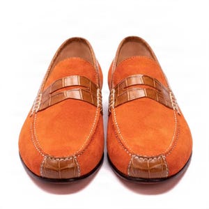 Handmade Orange Suede Loafers: Men's Leather Moccasin Dress Shoes image 6
