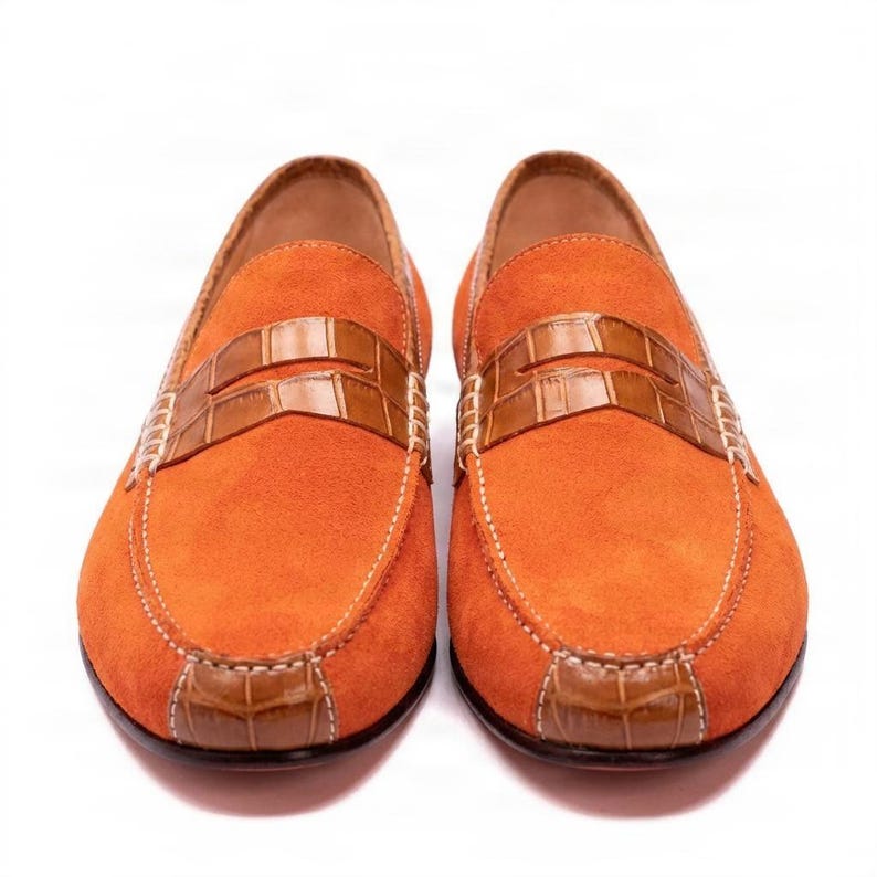 Handmade Orange Suede Loafers: Men's Leather Moccasin Dress Shoes image 6
