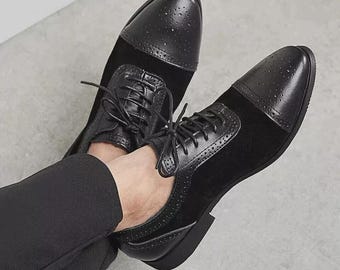 Handmade Black Suede Leather Brogue Dress Shoes For Men