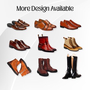 May include: A collection of various brown leather footwear, including loafers, oxfords, boots, and riding boots. The image displays a variety of styles, textures, and shades of brown, with the text "More Design Available" at the top.