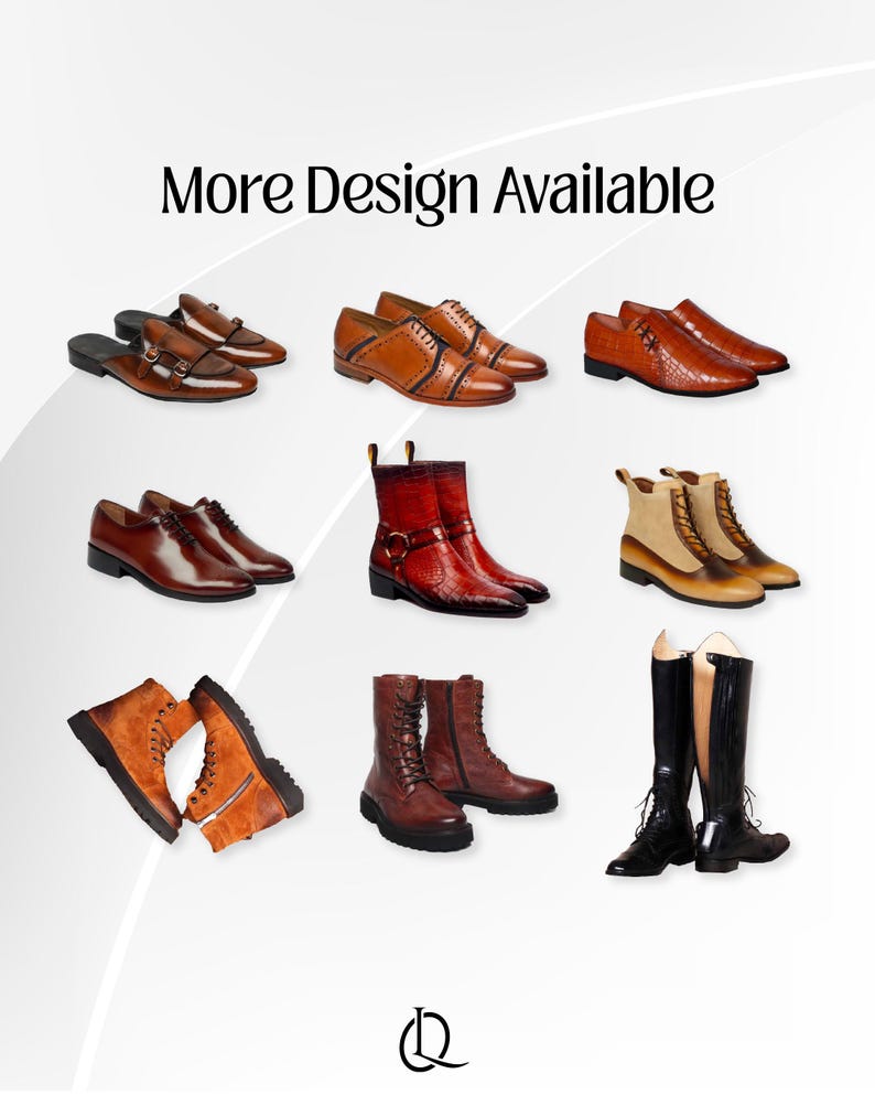 May include: A collection of various brown leather footwear, including loafers, oxfords, boots, and riding boots. The image displays a variety of styles, textures, and shades of brown, with the text "More Design Available" at the top.
