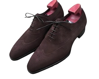 Handmade Suede Wingtip Oxford Shoes: Brown Leather Dress Shoes, Personalized Gift