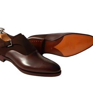 Handmade Dark Brown Suede & Leather Monk Strap Borgue tip Dress Office Shoes, Monk Strap Oxford Shoe, Office Shoe, Dress Shoes, Gift For him