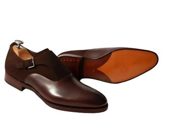 Handmade Suede & Leather Monk Strap Shoes: Borgue Tip Dress Shoes