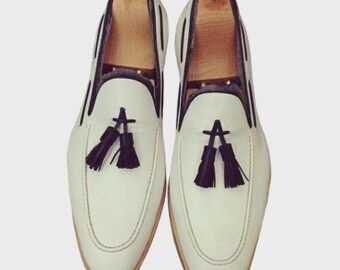Handmade White Leather Moccasins: Men's Slip On Dress Shoes For Men Personalised Gift