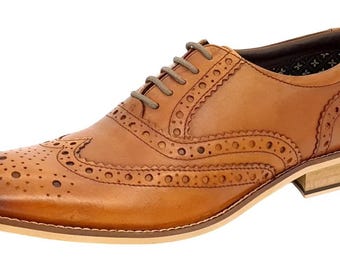 Handmade Wingtip Oxford Shoes: Tan Leather Lace Up Dress Shoes For Men Personalised Gift