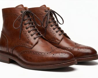 Brown Leather Wingtip Boots, Handmade Derby Classic Lace Up Brogue Boot Men
