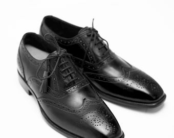 Handmade Leather Oxford Brogue Shoes: Black Wingtip Dress Shoes For Men Personalised Gift